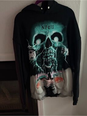 Darc Sport Black Crewneck Hoodie with Teal Skull Graphic